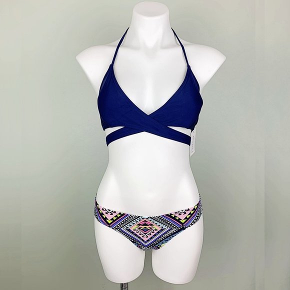 1 DAY SALE Navy Geometric Aztec Wrap Halter Bikini - Picture 2 of 5